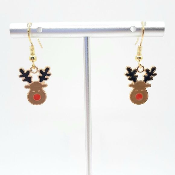 Rudolph Reindeer Christmas Red Nose Dangle Earrings French Hooks New - Picture 2 of 3
